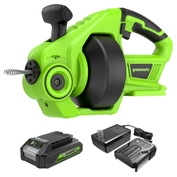 PowerFlow 24V Cordless Drain Auger 23FT with 2Ah Battery & Charger – High Torque Clog Remover