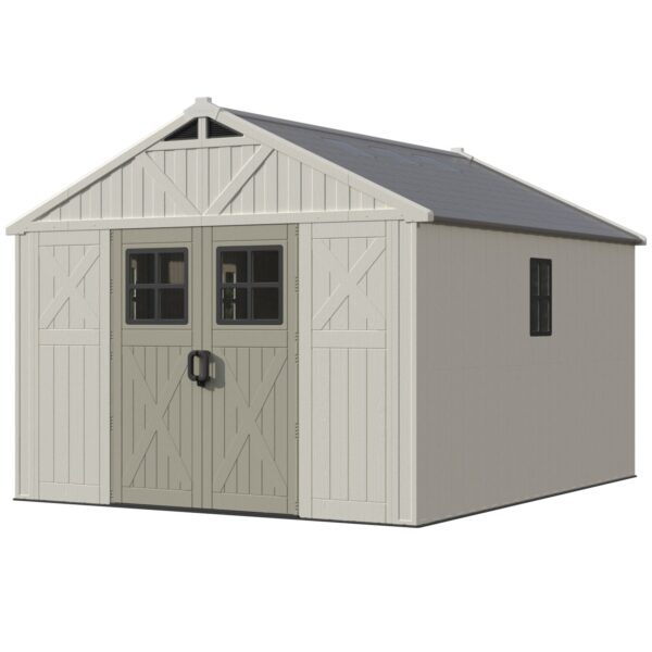 10x12ft Plastic Storage Shed with Skylight, Lockable Door & Windows
