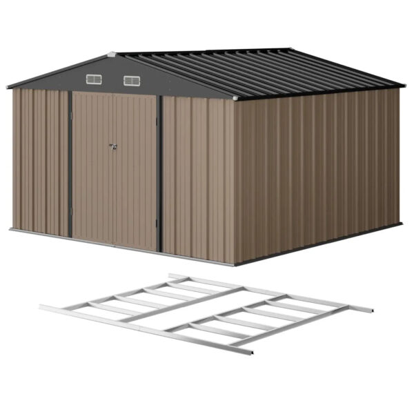 10x10 Metal Storage Shed with Floor Frame, Brown