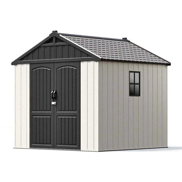 Kick-it 8x8 Plastic Storage Shed with Floor and Windows, Gray & Beige