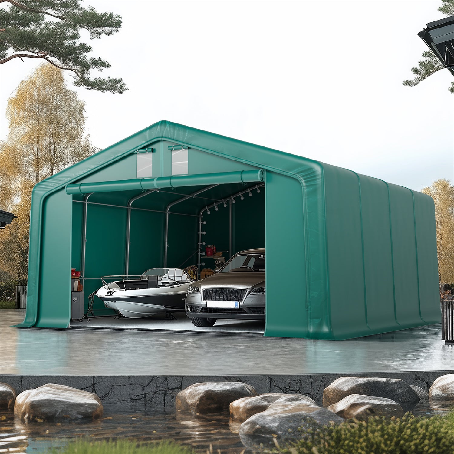 phi-villa-20x20ft-heavy-duty-instant-storage-tent02 PHI VILLA 20x20ft Green Heavy Duty Storage Tent for Vehicles, Boats, Garden Tools & Large Equipment - Image 1