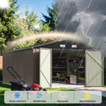 10x14 FT Large Metal Garden Shed (Brown) with Lockable Door and Sloping Roof - Image 5