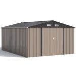 10x14 FT Large Metal Garden Shed (Brown) with Lockable Door and Sloping Roof