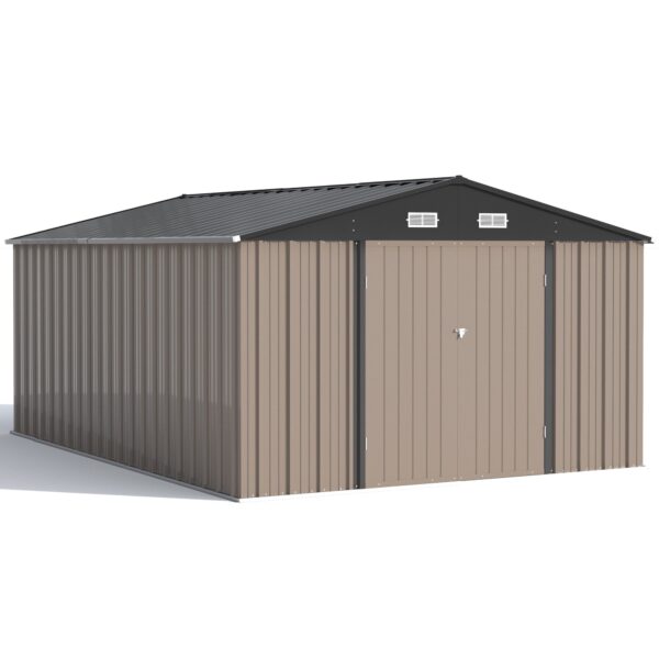 10x14 FT Large Metal Garden Shed (Brown) with Lockable Door and Sloping Roof