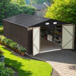 10x14 FT Large Metal Garden Shed (Brown) with Lockable Door and Sloping Roof - Image 8