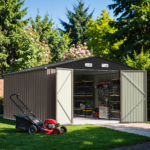 10x14 FT Large Metal Garden Shed (Brown) with Lockable Door and Sloping Roof - Image 2
