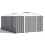 10x14 FT Large Metal Garden Shed (Gray) with Lockable Door and Sloping Roof