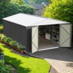 10x14 FT Large Metal Garden Shed (Gray) with Lockable Door and Sloping Roof - Image 8
