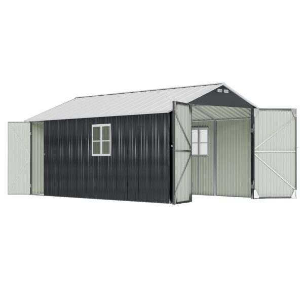12x20 ft Metal Shed Outdoor Garage with Double Doors & Windows, Black & White