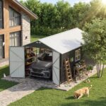 12x20 ft Metal Shed Outdoor Garage with Double Doors & Windows, Black & White - Image 2